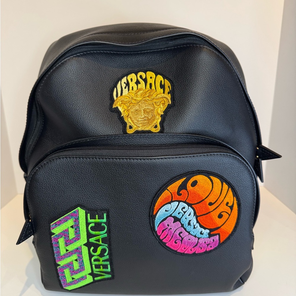 New! Versace Black Leather Backpack – Medusa Patch Edition –Rare Collector Piece
